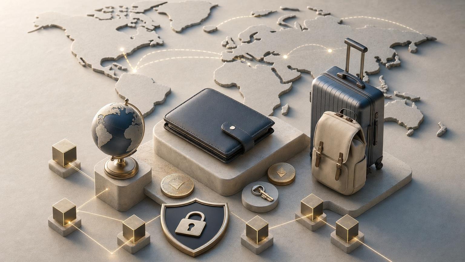 Traveler reviewing a wallet address, destination rules, and transaction records before sending cryptocurrency during an international trip